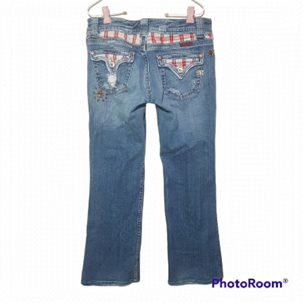 Miss Me Corona Red Plaid Inset Studded Bootcut Distressed Blue Jeans Flap Pocket
